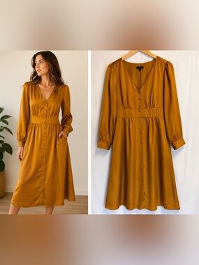 J.Crew Mustard Gold Satin Button Front Midi Dress Size 6 Long Sleeve Cottagecore